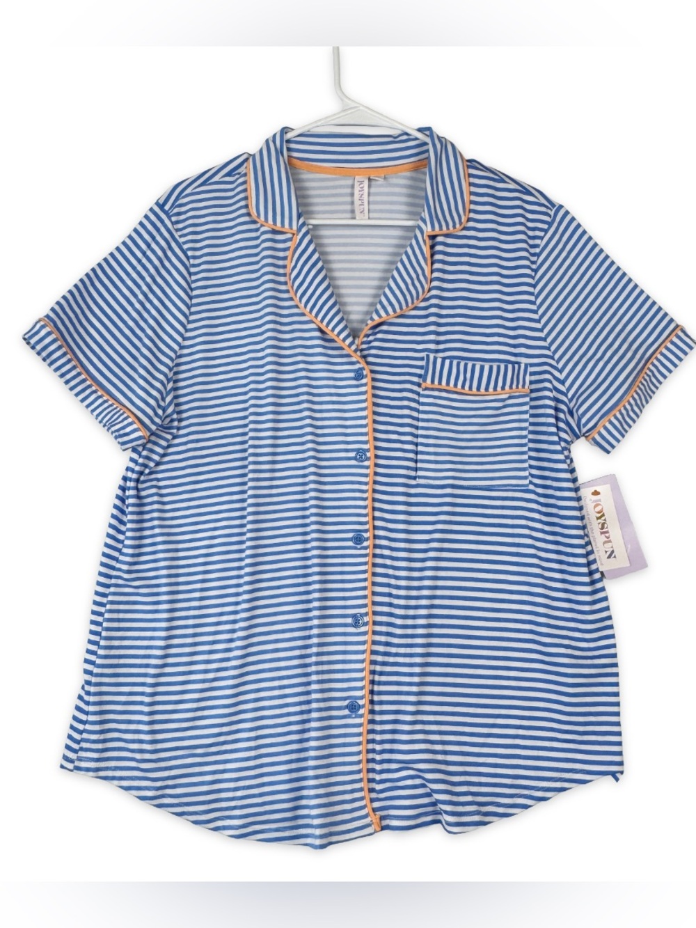 Joyspun Pajama Top Womens L Large Blue White Stripe Orange Trim Short Sleeve NWT